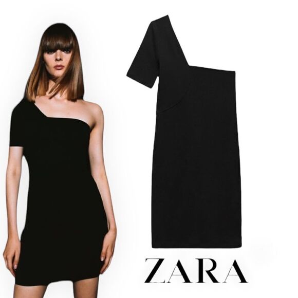 ZARA | Black | RIBBED ASYMMETRIC DRESS - Picture 1 of 10
